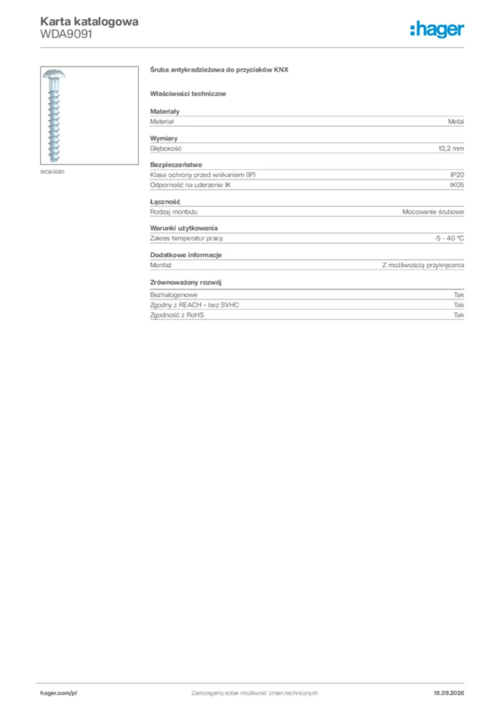 Zdjęcie Hager Karta katalogowa WDA9091 | Hager Polska