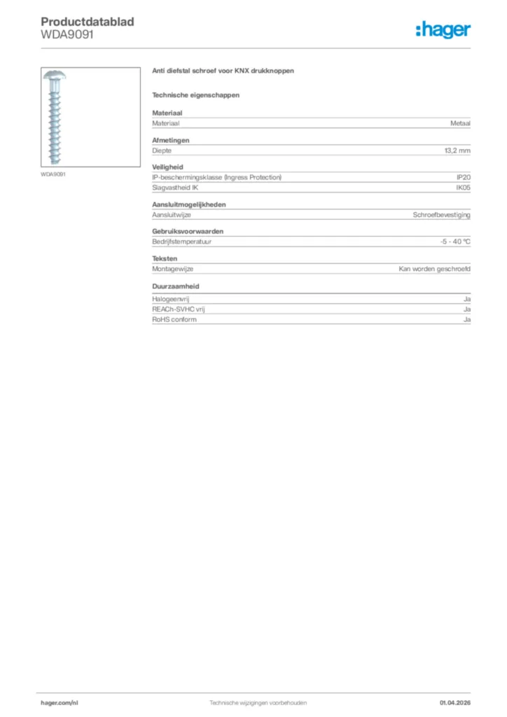 Afbeelding Hager Productdatablad WDA9091 | Hager Nederland