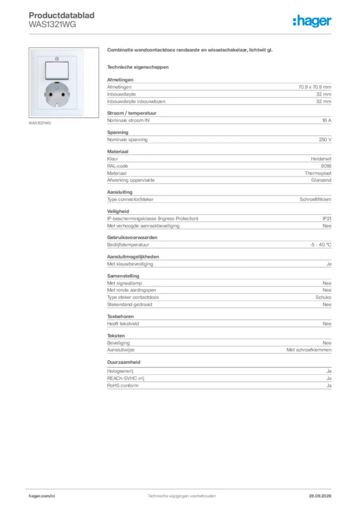 Afbeelding Hager Productdatablad WAS1321WG | Hager Nederland