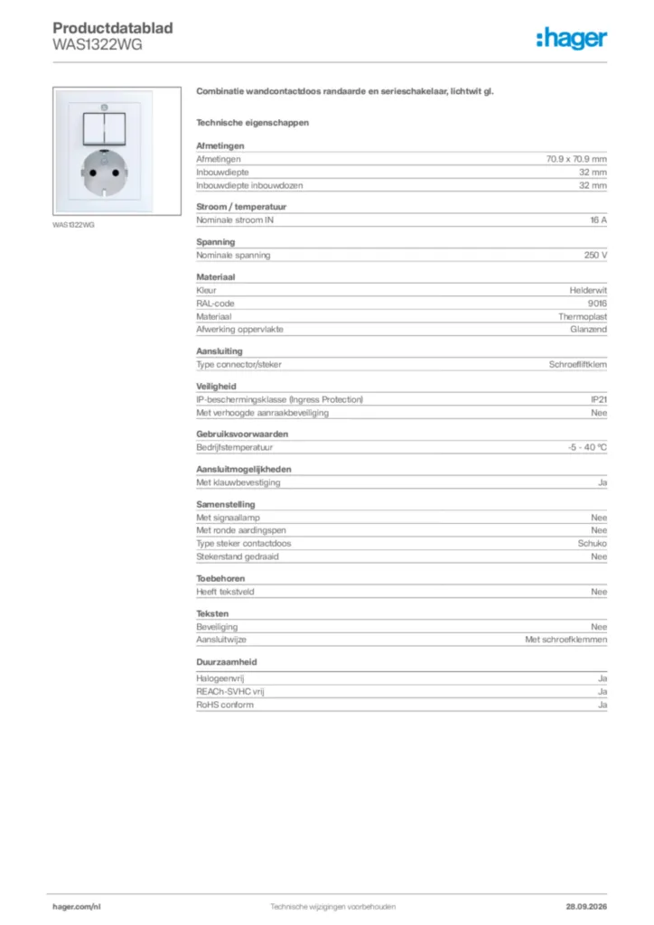 Afbeelding Hager Productdatablad WAS1322WG | Hager Nederland