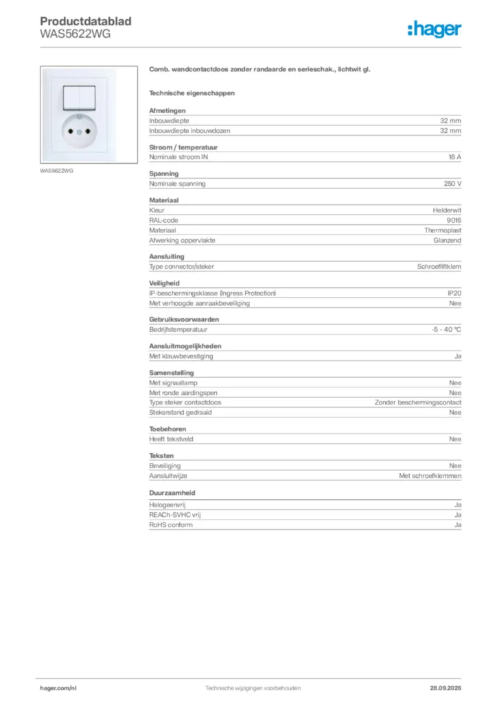 Afbeelding Hager Productdatablad WAS5622WG | Hager Nederland