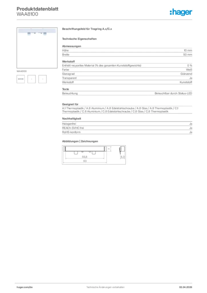 Bild Hager Produktdatenblatt WAA8100 | Hager Deutschland