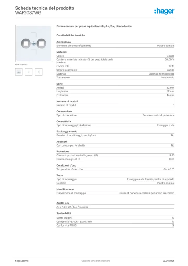 Immagine Hager Scheda tecnica del prodotto WAF2087WG | Hager Italia