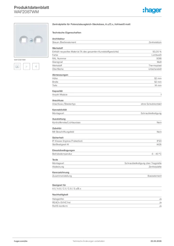 Bild Hager Produktdatenblatt WAF2087WM | Hager Deutschland