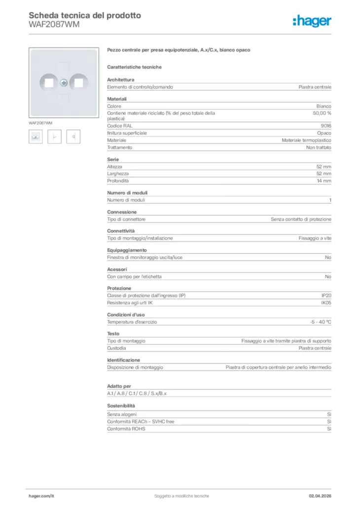 Immagine Hager Scheda tecnica del prodotto WAF2087WM | Hager Italia