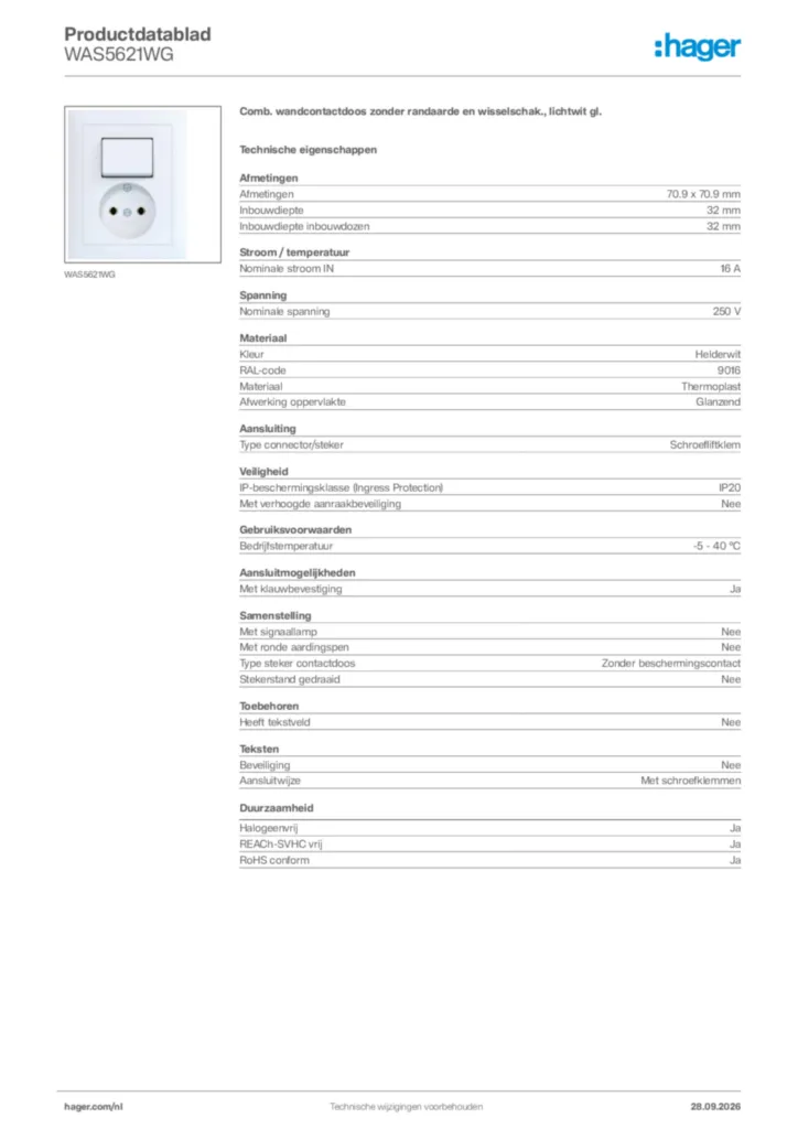 Afbeelding Hager Productdatablad WAS5621WG | Hager Nederland