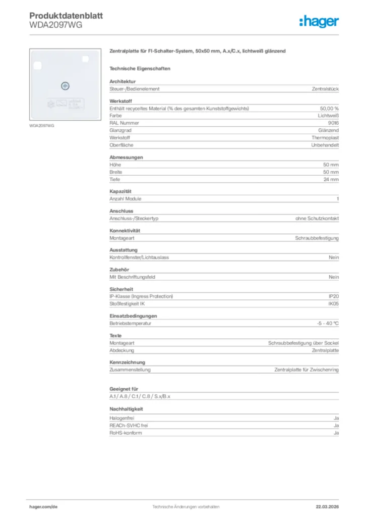 Bild Hager Produktdatenblatt WDA2097WG | Hager Deutschland