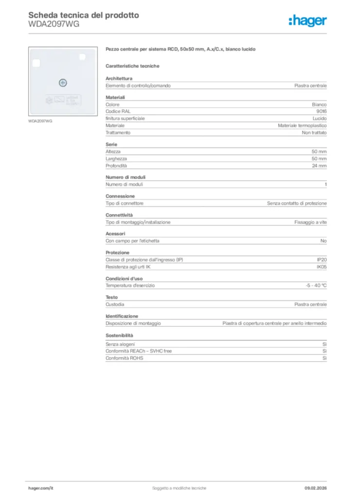 Immagine Hager Scheda tecnica del prodotto WDA2097WG | Hager Italia