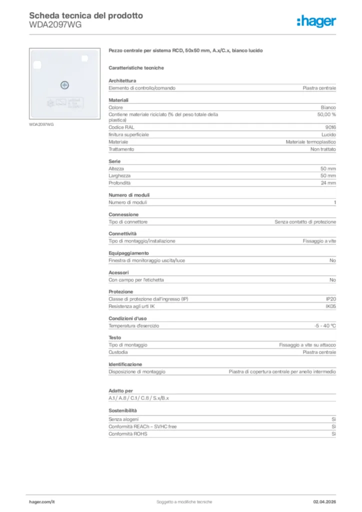 Immagine Hager Scheda tecnica del prodotto WDA2097WG | Hager Italia
