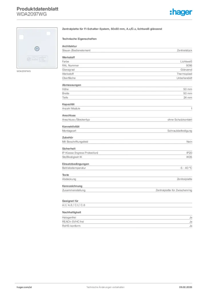 Bild Hager Produktdatenblatt WDA2097WG | Hager Deutschland