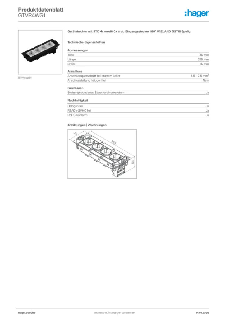 Bild Hager Produktdatenblatt GTVR4WG1 | Hager Deutschland
