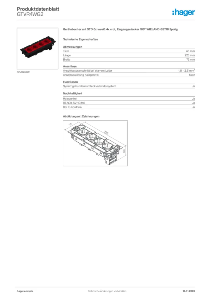 Bild Hager Produktdatenblatt GTVR4WG2 | Hager Deutschland