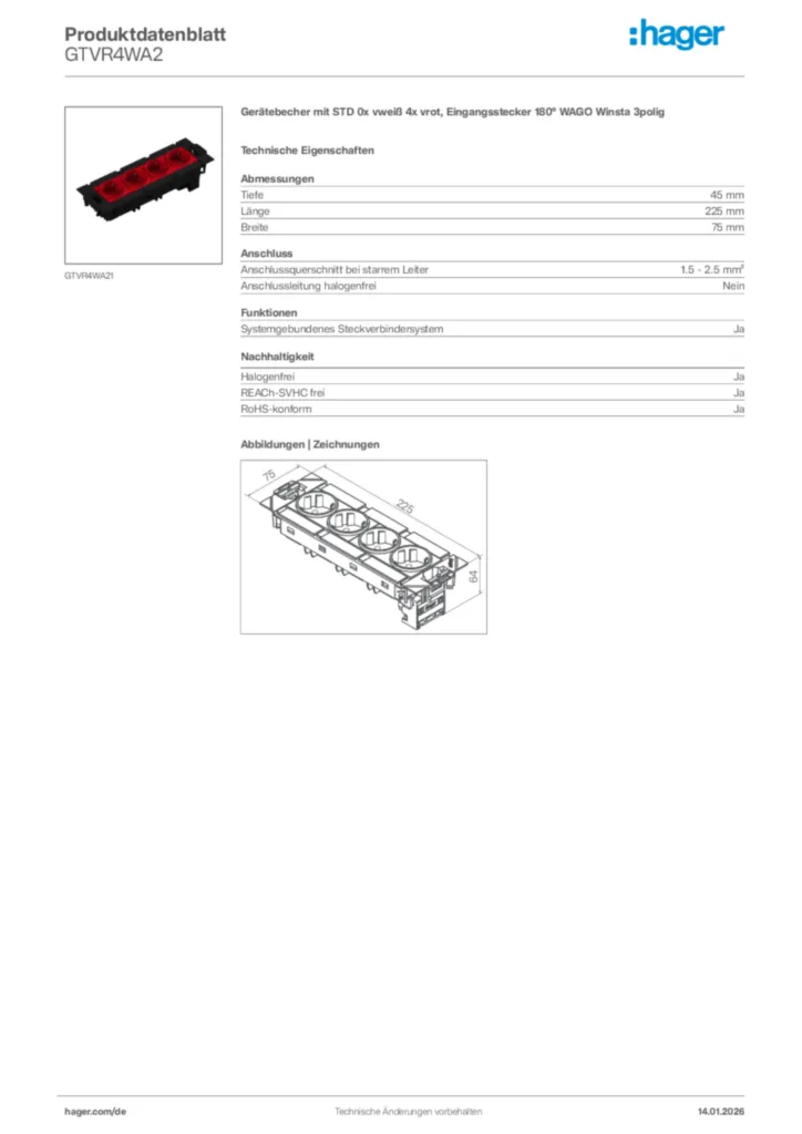 Bild Hager Produktdatenblatt GTVR4WA2 | Hager Deutschland