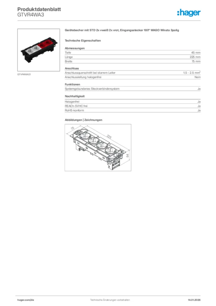 Bild Hager Produktdatenblatt GTVR4WA3 | Hager Deutschland