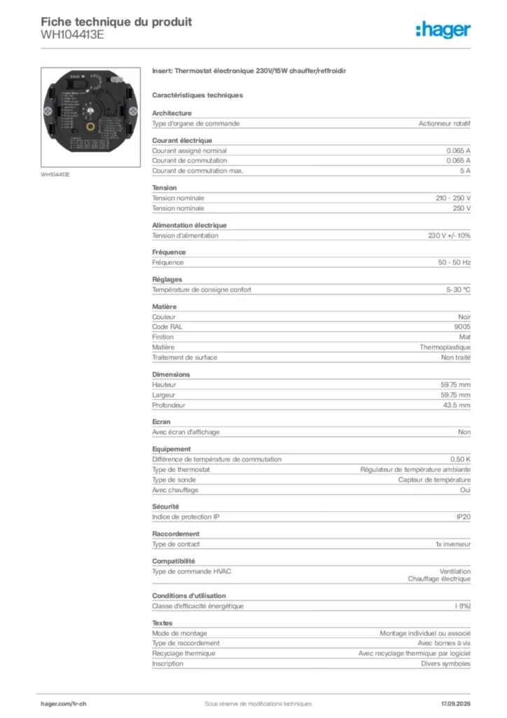 Image Hager Fiche technique du produit WH104413E | Hager Suisse