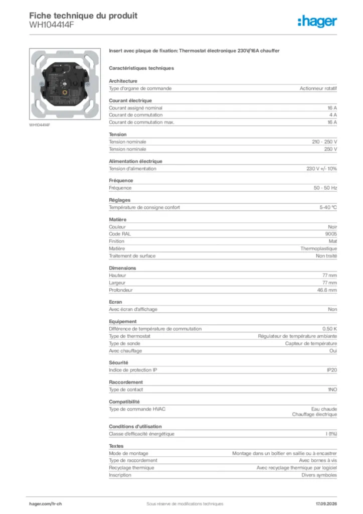 Image Hager Fiche technique du produit WH104414F | Hager Suisse