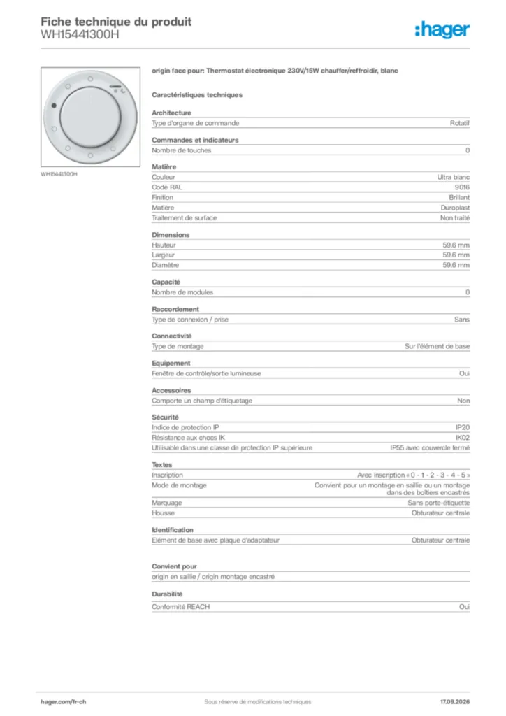 Image Hager Fiche technique du produit WH15441300H | Hager Suisse