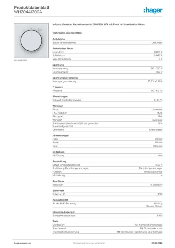 Bild Hager Produktdatenblatt WH20441300A | Hager Schweiz