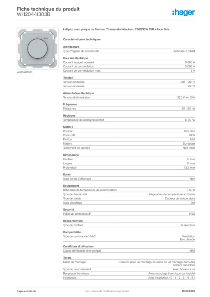 Image Hager Fiche technique du produit WH20441303B | Hager Suisse
