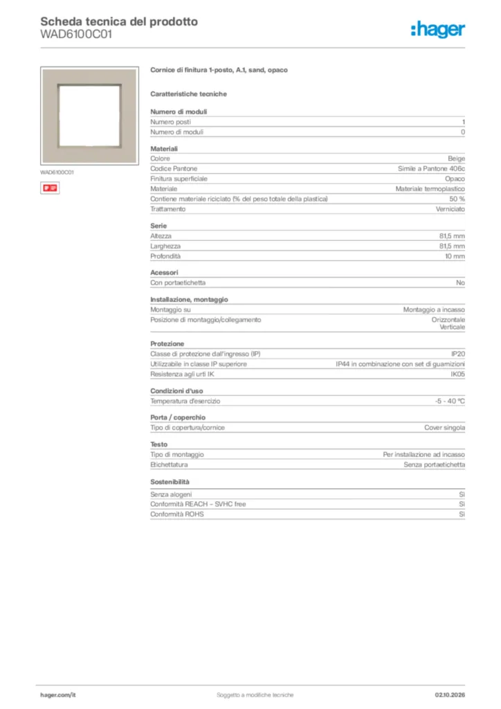 Immagine Hager Scheda tecnica del prodotto WAD6100C01 | Hager Italia