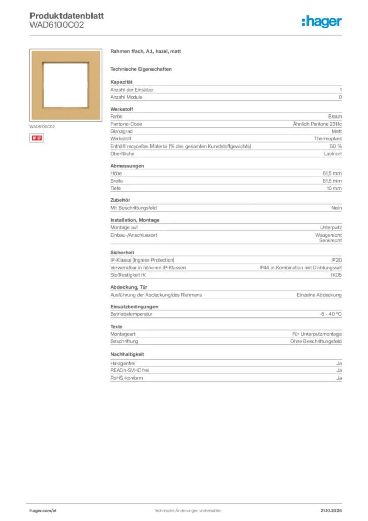 Bild Hager Produktdatenblatt WAD6100C02 | Hager Deutschland