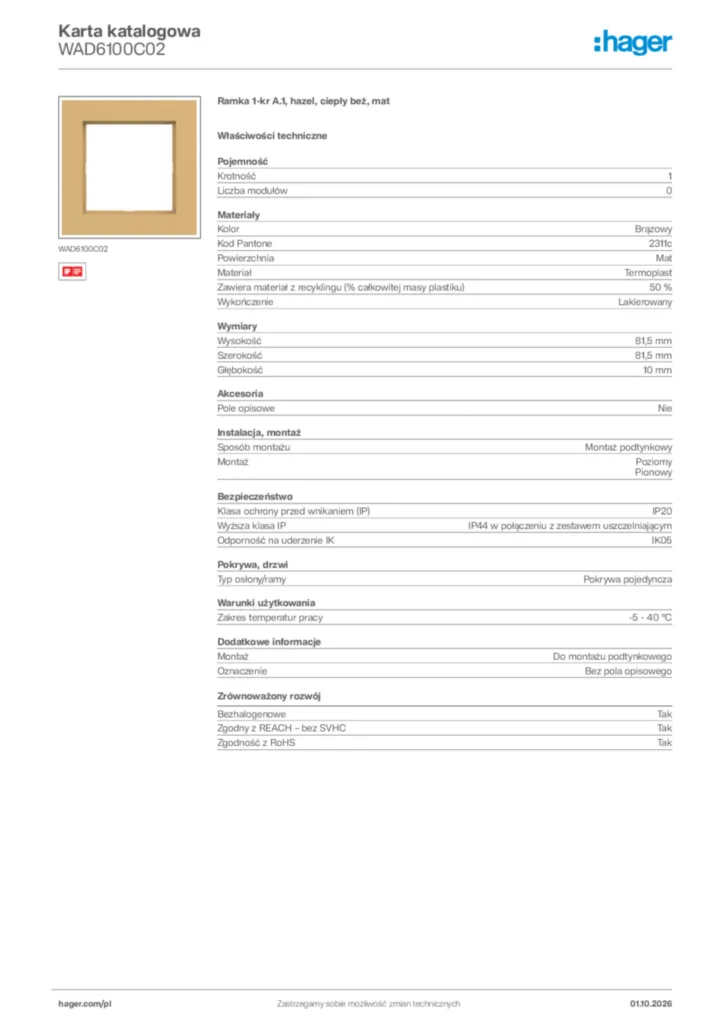 Zdjęcie Hager Karta katalogowa WAD6100C02 | Hager Polska