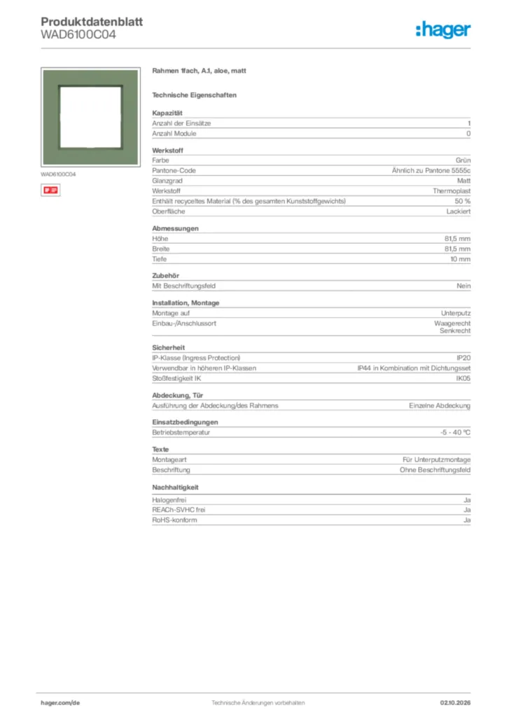 Bild Hager Produktdatenblatt WAD6100C04 | Hager Deutschland
