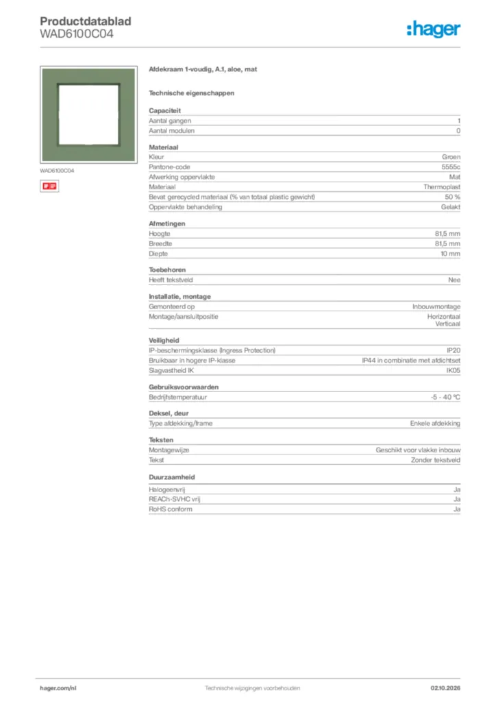 Afbeelding Hager Productdatablad WAD6100C04 | Hager Nederland