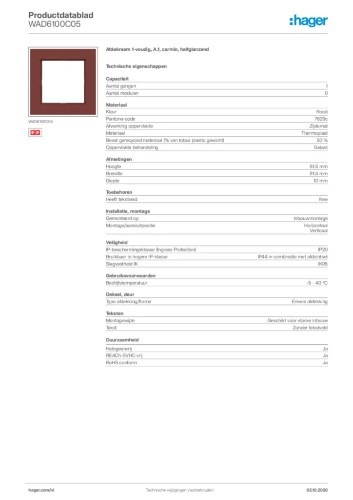 Afbeelding Hager Productdatablad WAD6100C05 | Hager Nederland