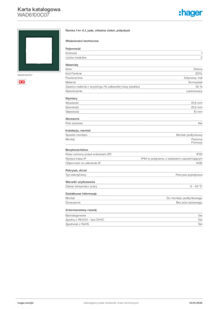 Zdjęcie Hager Karta katalogowa WAD6100C07 | Hager Polska