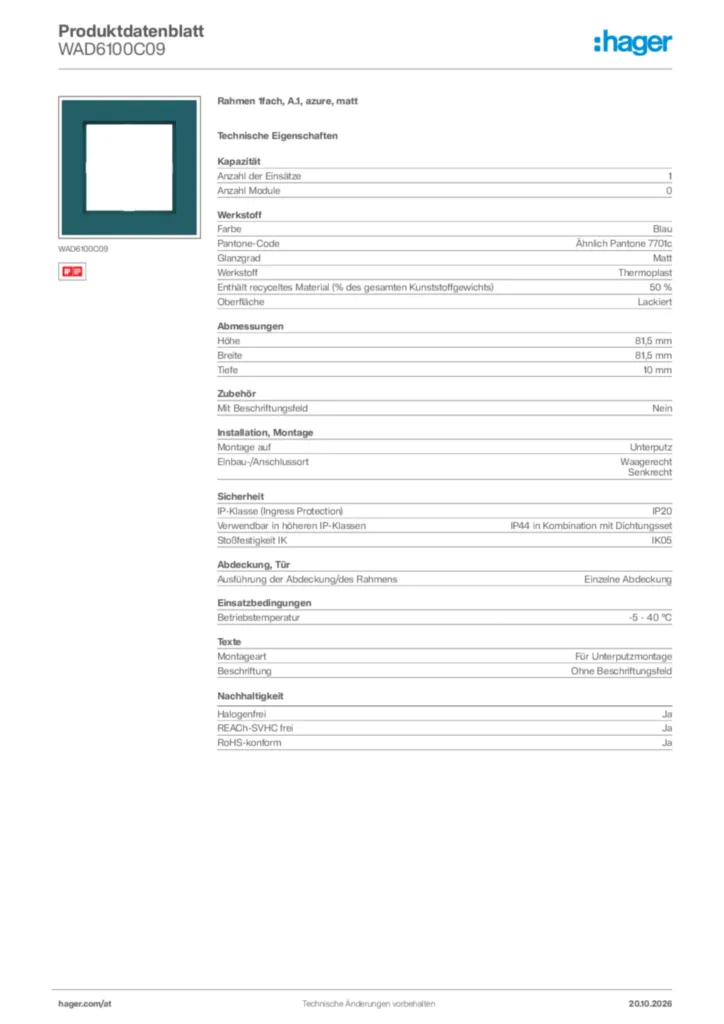 Bild Hager Produktdatenblatt WAD6100C09 | Hager Deutschland