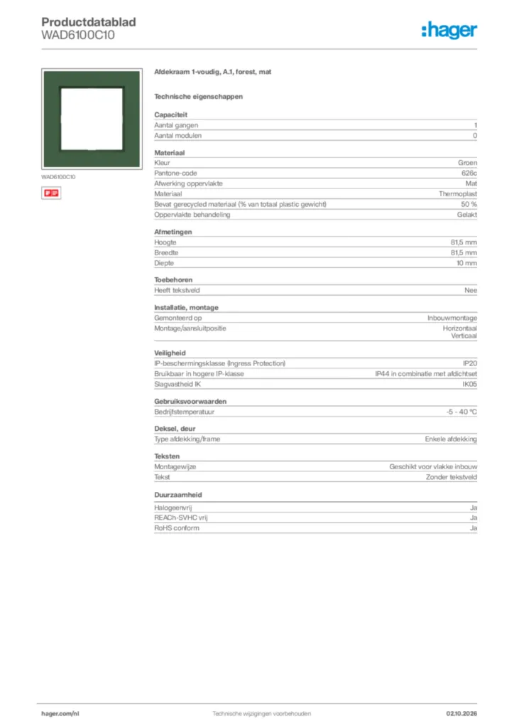 Afbeelding Hager Productdatablad WAD6100C10 | Hager Nederland