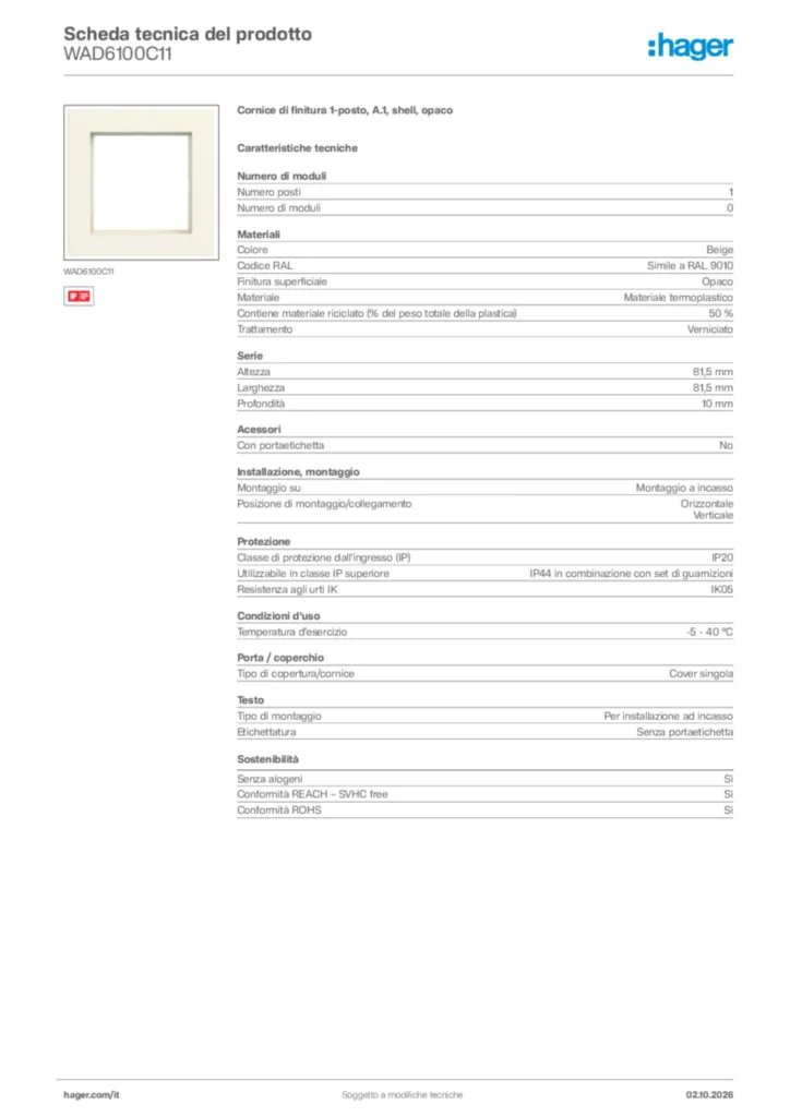 Immagine Hager Scheda tecnica del prodotto WAD6100C11 | Hager Italia