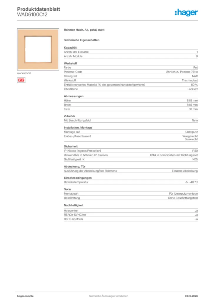 Bild Hager Produktdatenblatt WAD6100C12 | Hager Deutschland