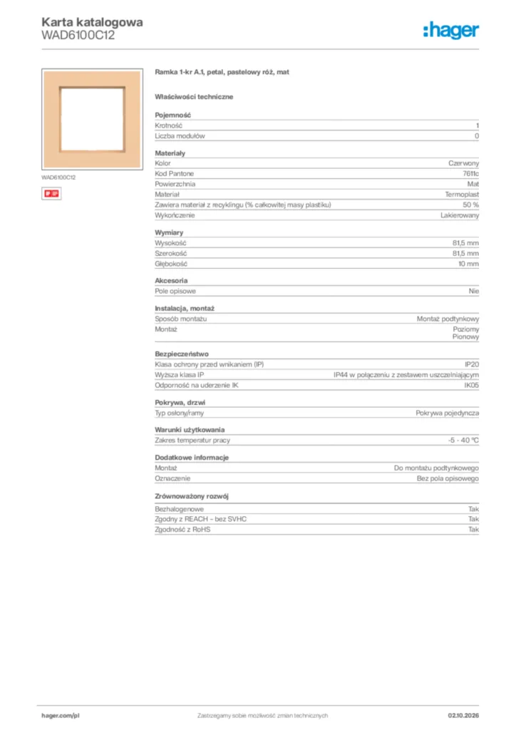 Zdjęcie Hager Karta katalogowa WAD6100C12 | Hager Polska