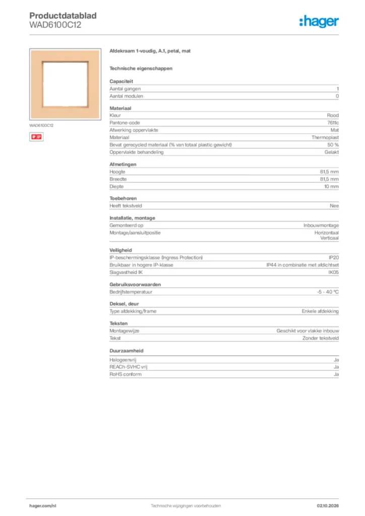 Afbeelding Hager Productdatablad WAD6100C12 | Hager Nederland