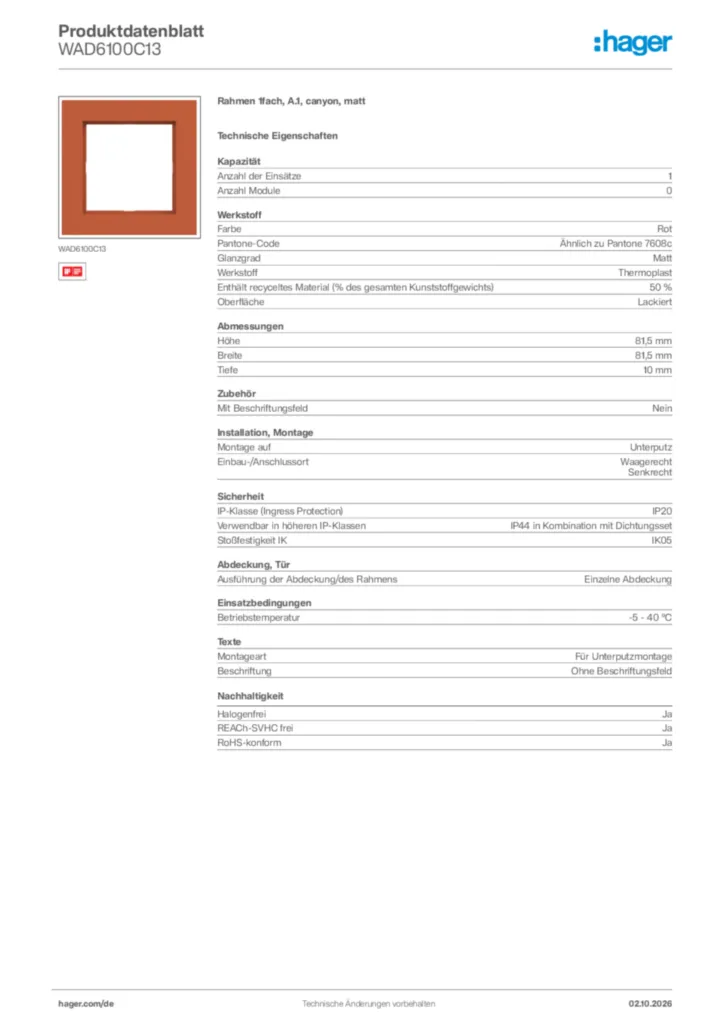 Bild Hager Produktdatenblatt WAD6100C13 | Hager Deutschland