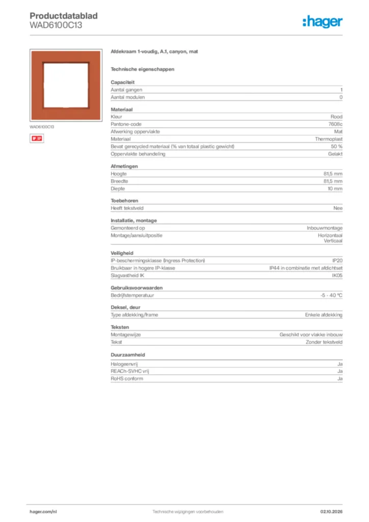 Afbeelding Hager Productdatablad WAD6100C13 | Hager Nederland