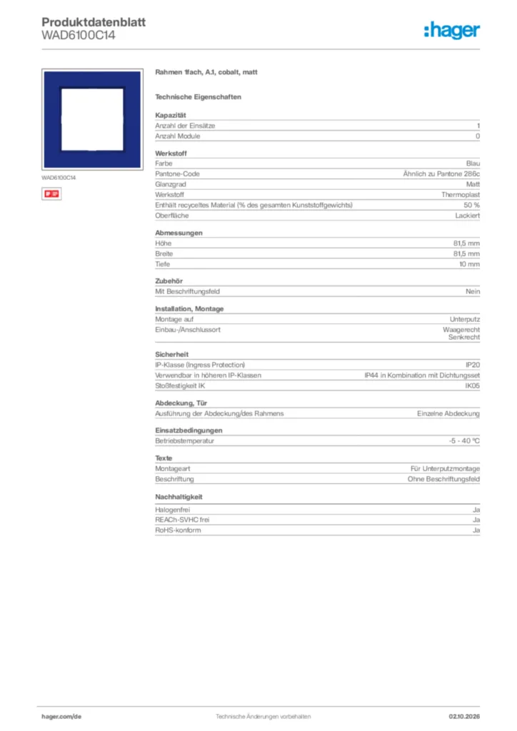 Bild Hager Produktdatenblatt WAD6100C14 | Hager Deutschland