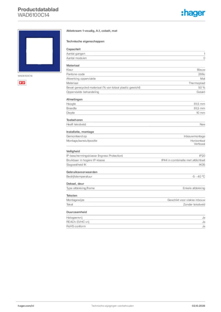 Afbeelding Hager Productdatablad WAD6100C14 | Hager Nederland