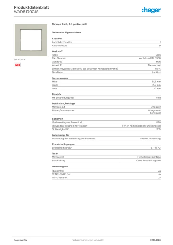 Bild Hager Produktdatenblatt WAD6100C15 | Hager Deutschland
