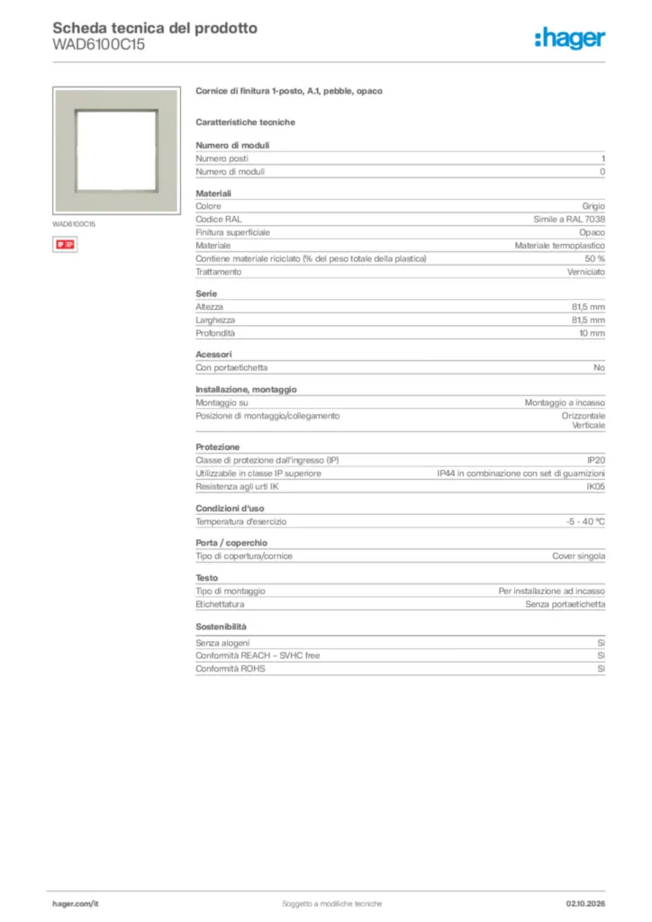 Immagine Hager Scheda tecnica del prodotto WAD6100C15 | Hager Italia