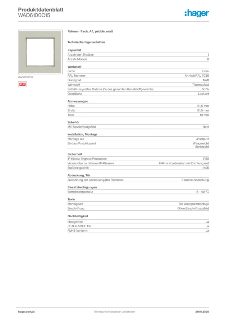 Bild Hager Produktdatenblatt WAD6100C15 | Hager Deutschland