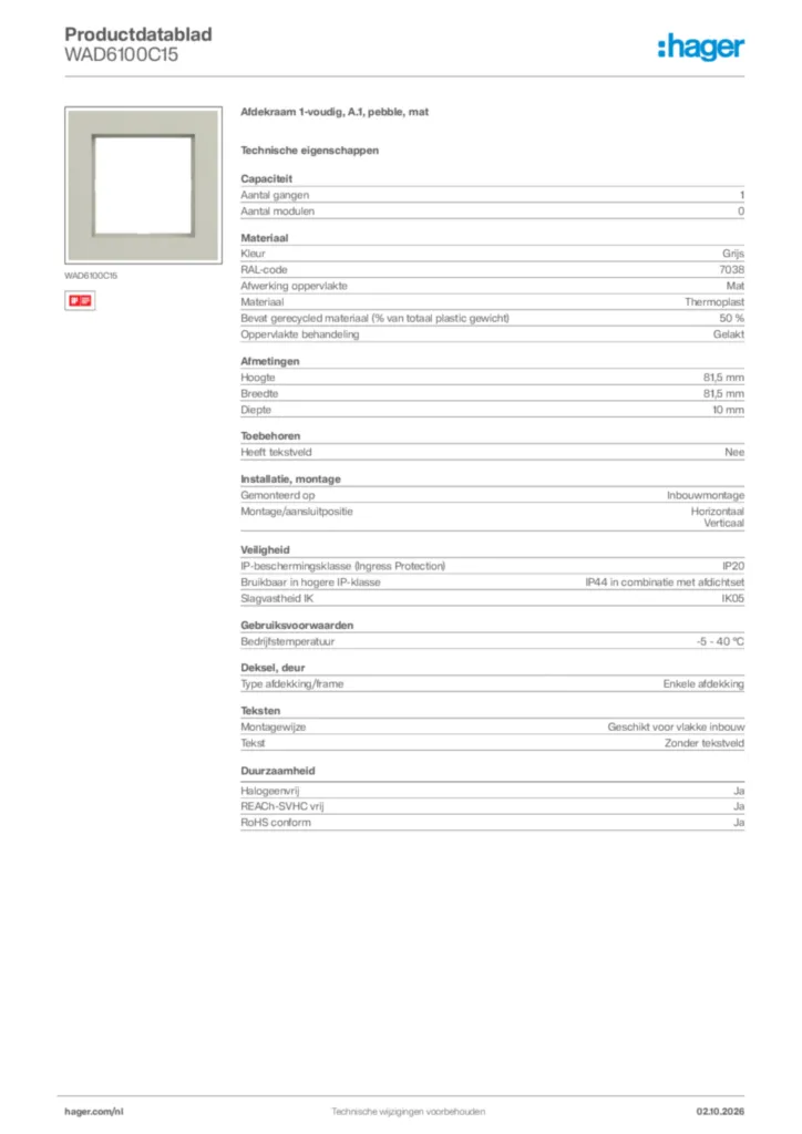 Afbeelding Hager Productdatablad WAD6100C15 | Hager Nederland