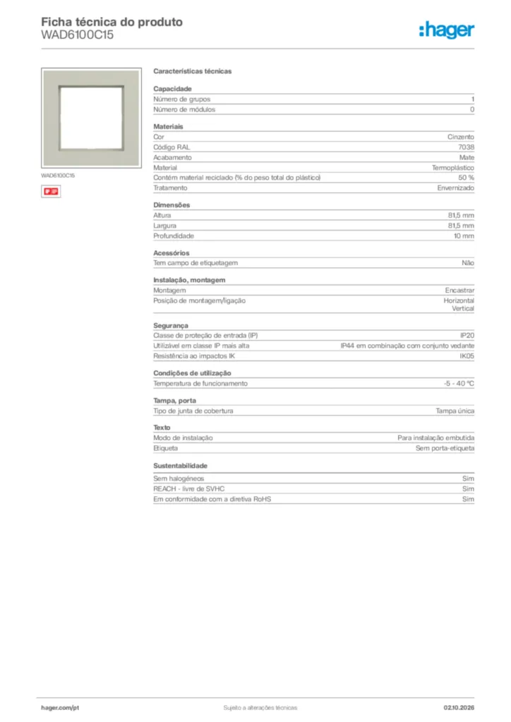 Imagem Hager Ficha técnica do produto WAD6100C15 | Hager Portugal