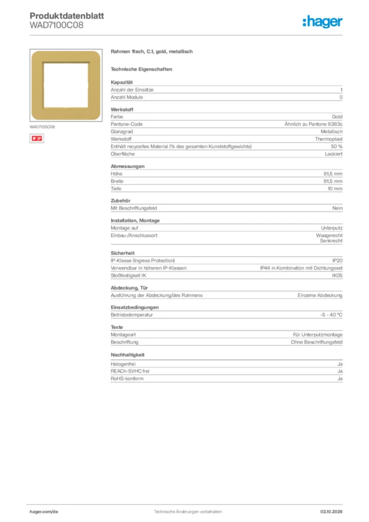 Bild Hager Produktdatenblatt WAD7100C08 | Hager Deutschland