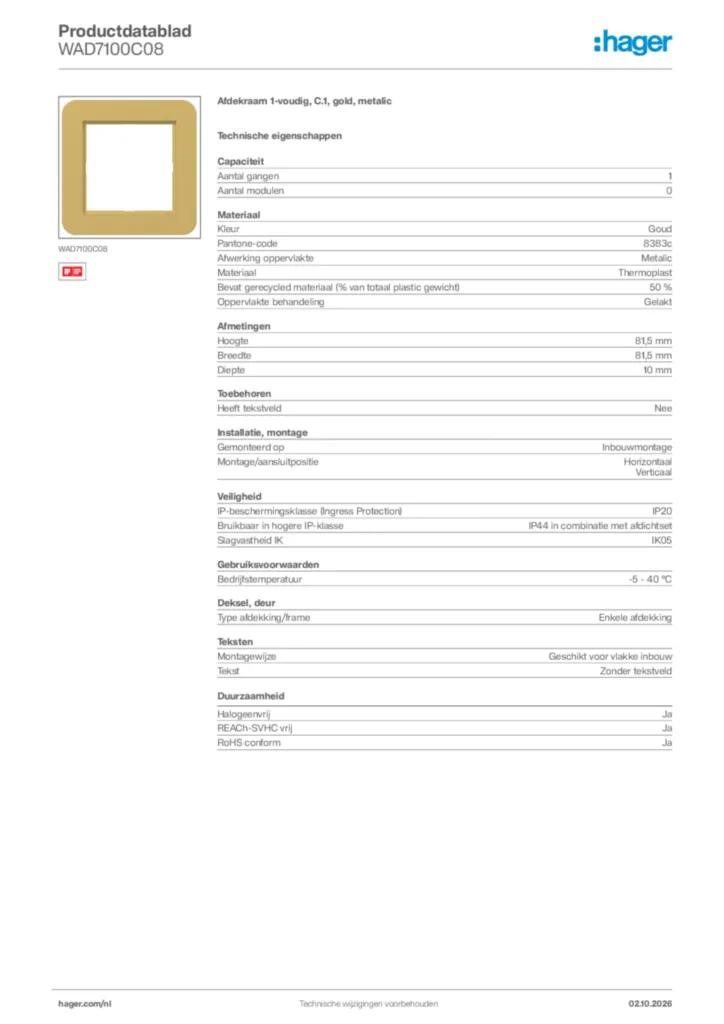 Afbeelding Hager Productdatablad WAD7100C08 | Hager Nederland