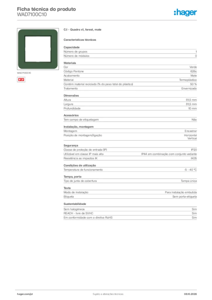 Imagem Hager Ficha técnica do produto WAD7100C10 | Hager Portugal