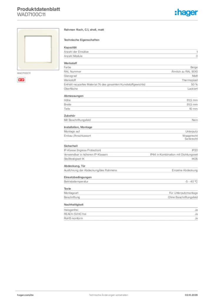 Bild Hager Produktdatenblatt WAD7100C11 | Hager Deutschland