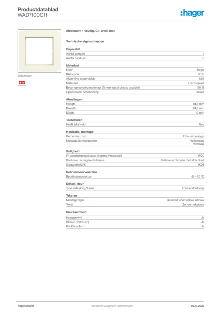 Afbeelding Hager Productdatablad WAD7100C11 | Hager Nederland